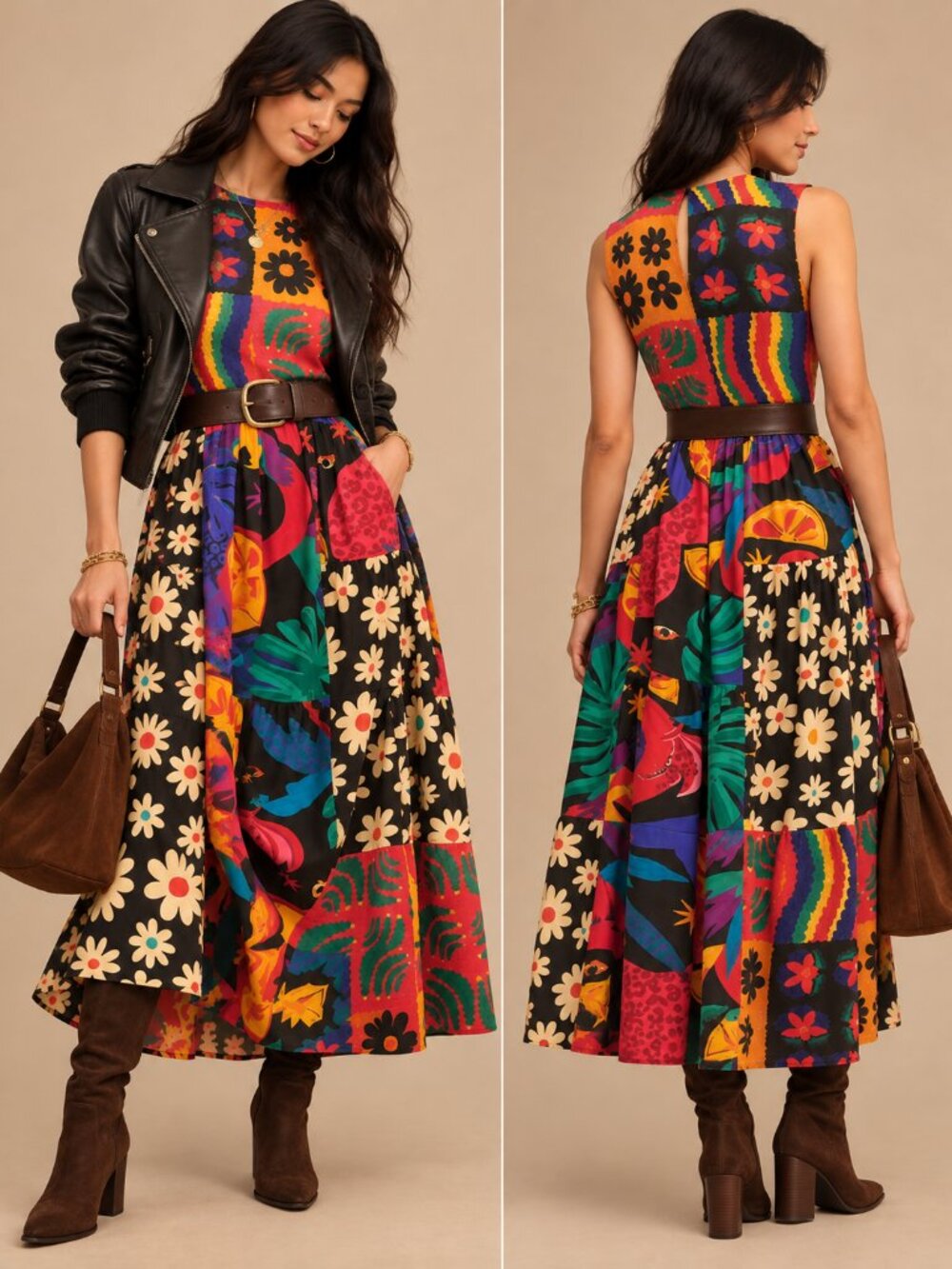 Farm Rio for Anthropologie Patchwork Pop Print A-Line Midi Dress Size XS